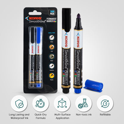 Kores Permanent Markers Blister pack of 2 - Black & Blue