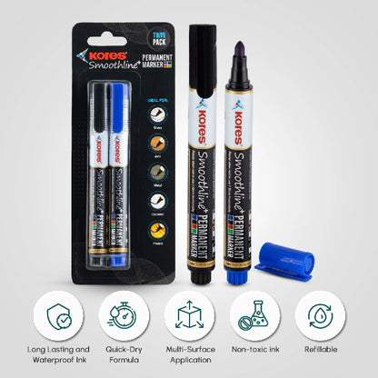 Kores Permanent Markers Blister pack of 2 - Black & Blue