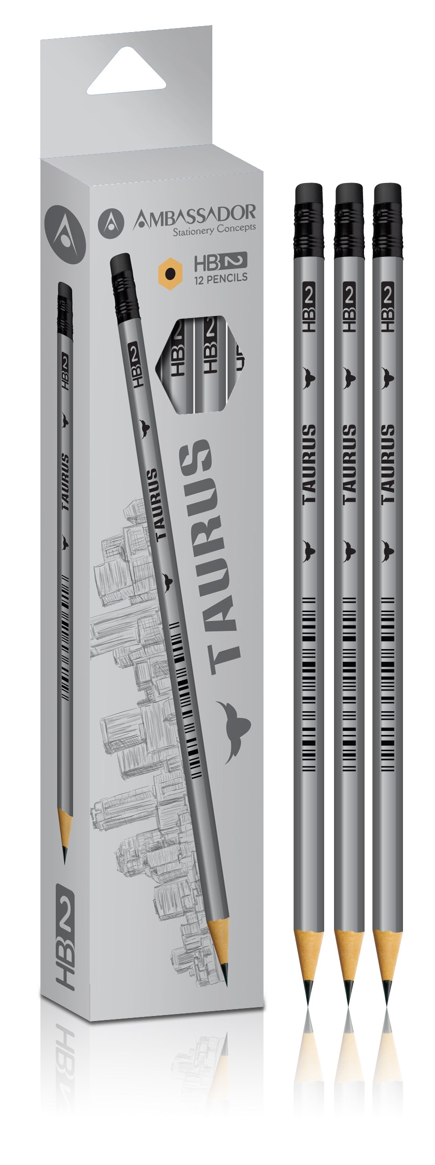 Taurus Charcoal Silver Hexagonal Pencil with Ferrule Eraser